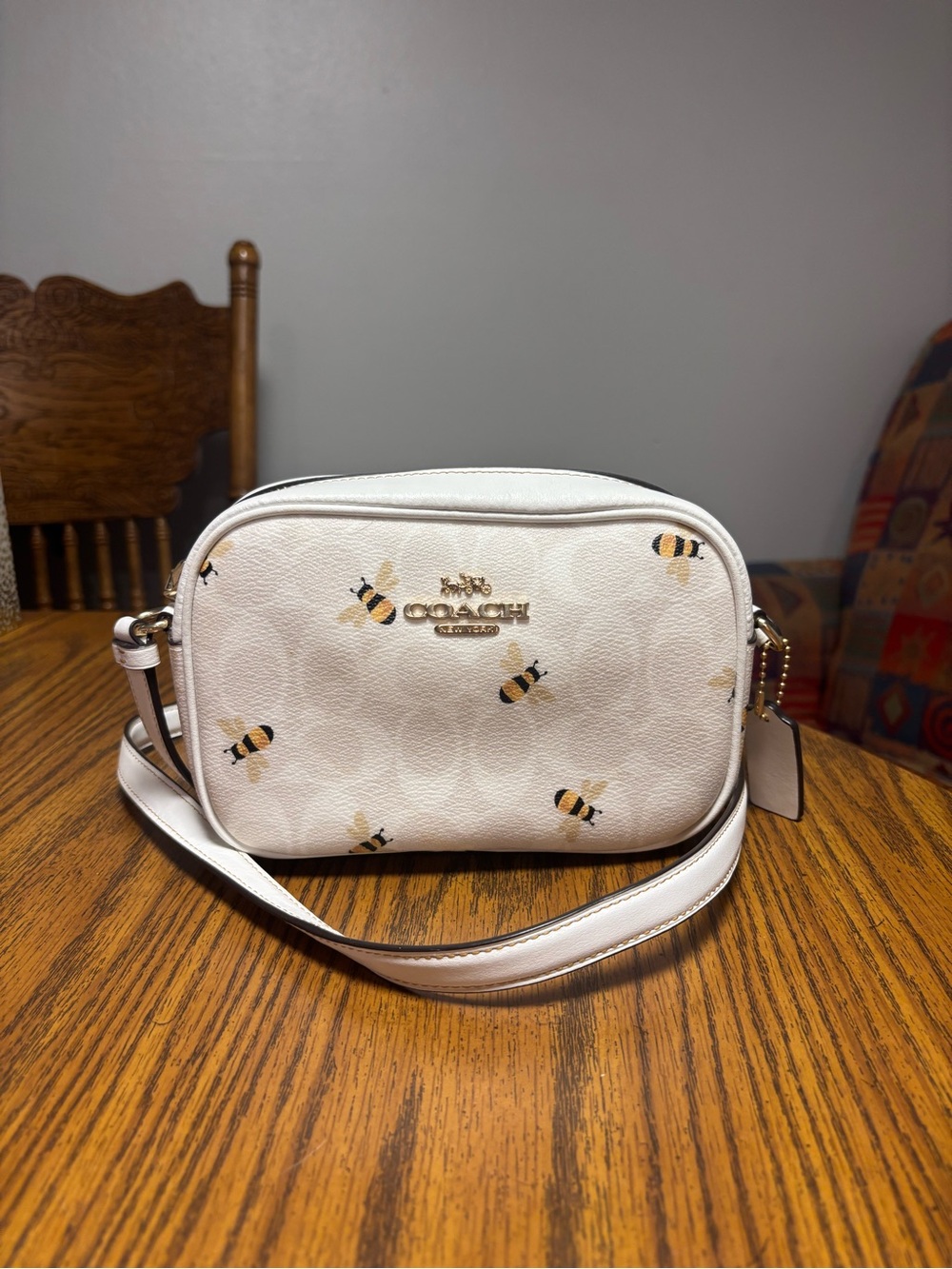 Coach White Bee Print Crossbody Camera Bag with Gold Hardware
